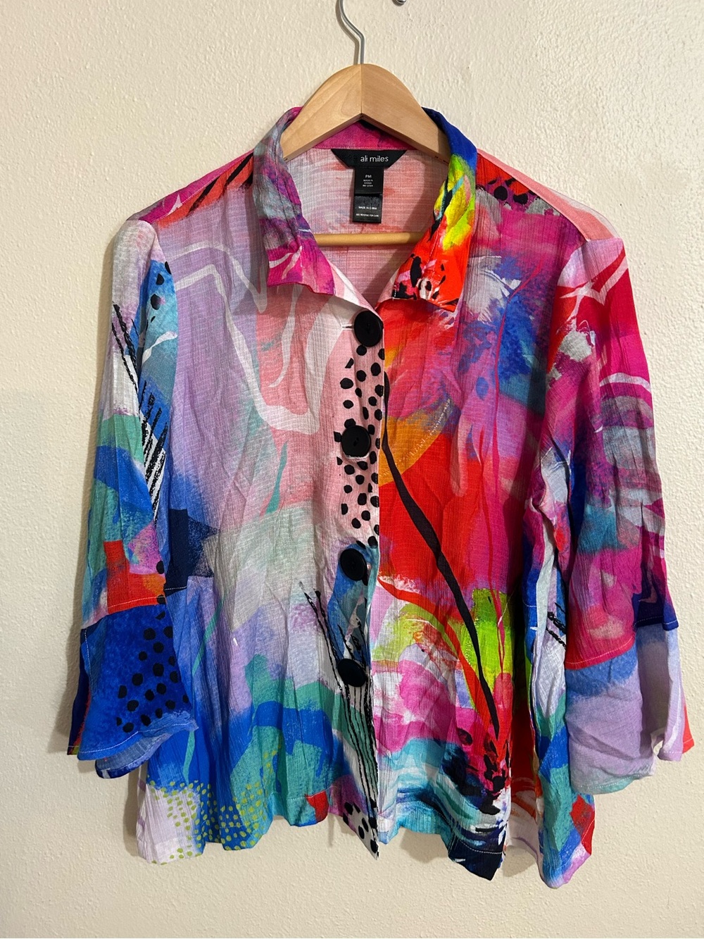 Ali Miles Multicolor Abstract Button-Front Top Watercolor Top Size MP Artsy